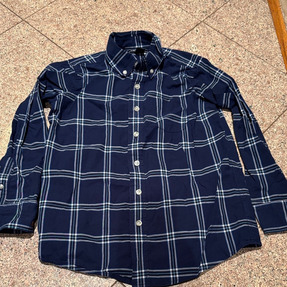Lands' End Boys Small Size 8 Dark Blue Checkered Shirt